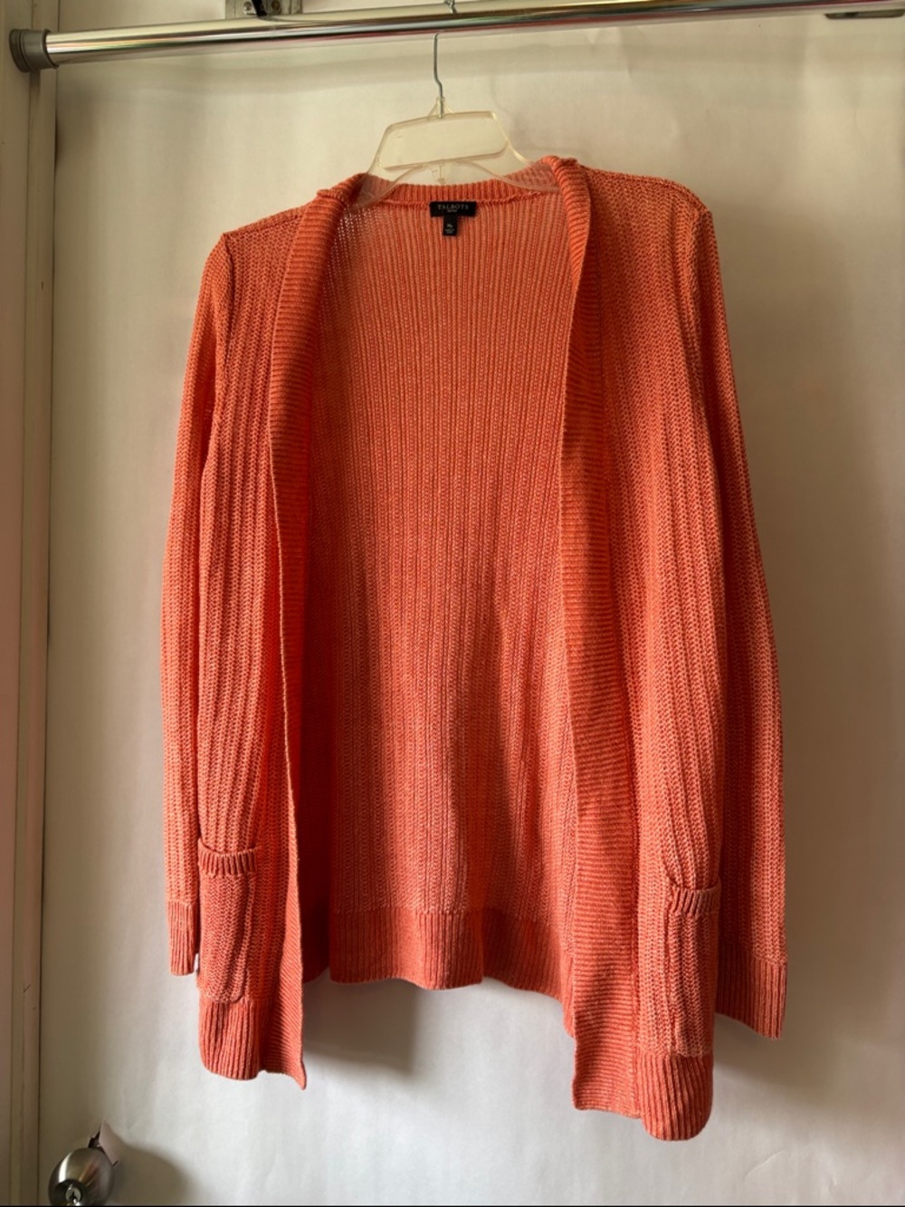 Talbots Open-Front Coral-Orange Knit Cardigan